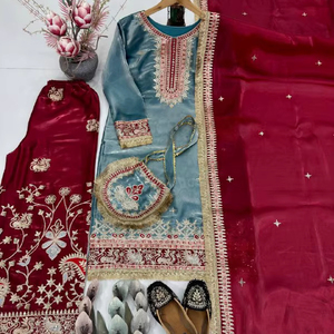 Conjunto de Diseño de Alta Costura con Bordado de Seda Pesada y Lentejuelas, Top Elegante, Pantalón Plazzo y Dupatta - Product Image 1