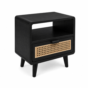 Mueble de Dormitorio, Mesita de Noche de Madera de Teca Premium, Estilo Moderno de Mediados de Siglo, Calidad de Exportación, Nero Woven, 1 Cajón, Acabado Negro - Product Image 2