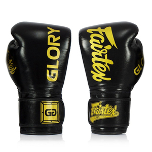 Guantes de Boxeo Fairtex Glory Nuevos, para Competencia, Color Negro con Estampado Dorado, para Entrenamiento y Sparring, Cierre de Correa de Cuero Original - Product Image 1