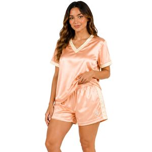 Conjunto de pijama de satén color melocotón para mujer, top de manga corta con cuello en V y pantalones cortos con ribete en contraste, ropa de dormir suave, personalizada OEM ODM. - Product Image 1