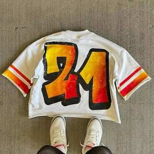 T-shirt court col en V 100 % coton respirant imprimé personnalisé de haute qualité pour homme, style rétro américain uni pour l'été - Product Image 5