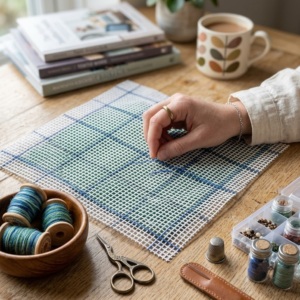 CT0008 Latch hook canvas double twisted weave + Blue line Plaid Pattern Woven Cotton Polyester Blend Double Strand Weave - Product Image 3