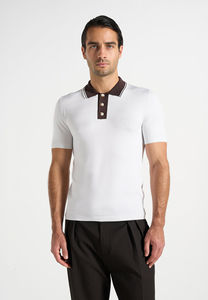 Polo en coton blanc pour homme, manches courtes, couleur unie, coupe décontractée, col piqué tricoté avec bordure et boutons marron - Product Image 6