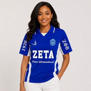 เสื้อโปโลตาข่าย Zeta Phi Beta แบบสั่งทำพิเศษสำหรับผู้หญิง ระบายอากาศได้ดี ปักลายสัญลักษณ์ชมรมนักศึกษากรีก ขายส่ง - Product Image 1