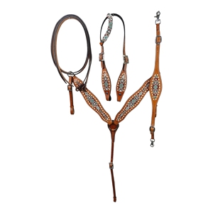 Manaal Enterprises - Juego de Cabezada y Pechopetral de Cuero Genuino Estilo Western con Diseño de Cabeza de Caballo y Cuerda de Amarre, con Hebilla Ajustable para Montar a Caballo - Product Image 1