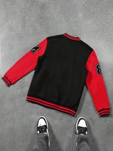 Black Red College Baseball Hooded Quilted <b>Jacket</b> Unisex Warm 100% Cotton Varsity Style Outerwear Zipper Front Breathable - Product Image 2