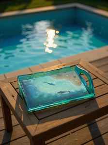 Bandeja de resina con diseño de tiburón, estilo costero, con asa de madera, para servir o decorar. - Product Image 4