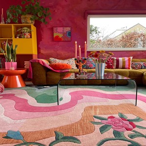 Tapis floral abstrait rose et vert de luxe, tufté à la main en laine |   Tapis de salon contemporain, tapis décoratif moderne et doux pour chambre à coucher - Product Image 5