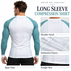 Custom <b>Mens</b> <b>White</b> Teal Raglan <b>Long</b> <b>Sleeve</b> Compression Shirt Crewneck Slim Gym Training Rash Guard Athletic Sportswear Base Layer - Product Image 3