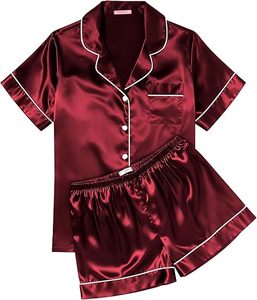 Ensemble de pyjama en satin de soie pour femmes, haut et short à manches courtes boutonnés, vêtements de nuit doux, ensemble de 2 pièces pour se détendre - Product Image 3