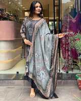 Conjunto de Fiesta Elegante de Muselina con Estampado Digital, Top y Pantalón con Dupatta, Color Gris, Algodón AG307