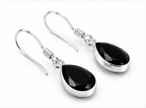 Natural Black Onyx Teardrop Sterling Silver Drop <b>Earrings</b> | 925 Silver Pear Shape Dangle <b>Earrings</b> | Handmade Black Gemstone - Product Image 1