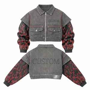 Veste en jean personnalisée grise délavée, coupe courte, manches en tricot motif flamme rouge et noir, logo en relief 3D, badge ovale, tresse en cuir rouge, strass - Product Image 1