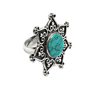 Classic Flower Design Bohemian <b>Ring</b> With 925 Sterling Silver Stamp A Big Round Shape <b>Turquoise</b> Gemstone Handmade Jewelry - Product Image 1
