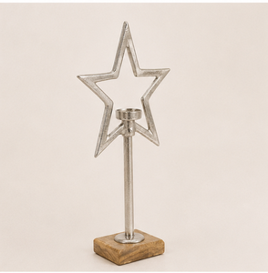 Elegant Silver Metal Star Tealight Candle Holder With Rustic Mango Wood Base Perfect For Christmas Holiday Decor And Minimalist - Product Image 5