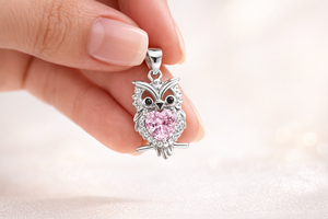 Collar de Plata de Ley 925 con Colgante de Búho y Corazón Rosa con Circonita Cúbica para Mujer - Product Image 5