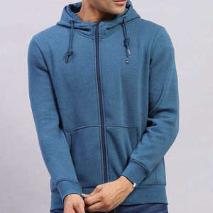 Sweat-shirt à capuche zippé pour homme, bleu, tricoté, manches régulières, couleur unie, style automne - Product Image 1