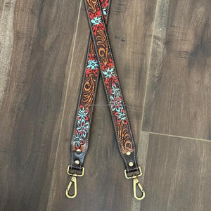 Brand New 2025 Red & Teal Floral Accent Hand Tooled <b>Leather</b> <b>Guitar</b> <b>Strap</b> with Western Style Adjustable <b>Strap</b> for Acoustic <b>Guitar</b> - Product Image 6