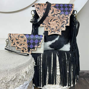 Western Hand Tooled Cow Leather Fringe Crossbody Bag with Turquoise Diamond & Matching Wallet Set Handcrafted Boho Style Purse - Product Image 6