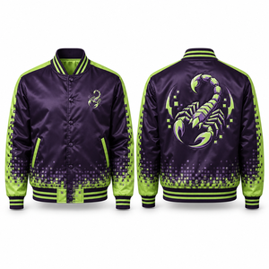 Veste en satin pour équipe, fermeture à boutons-pression, surface brillante, patch brodé, finition lisse, graphiques sublimés, uniforme de club, ourlet athlétique - Product Image 2
