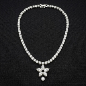Collier pendentif fleur de luxe pour femme, en argent 925 plaqué rhodium, avec perles de diamant taille marquise, chaîne de perles, bijoux de mariage - Product Image 3