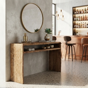 Solid Wood Console Table Modern <b>Rustic</b> Open Shelf Waterfall Entryway <b>Desk</b> Natural Teak Style Wooden Hallway Furniture Accent Tab - Product Image 5