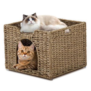 Handwoven Fiber Cat Bed Cave Square <b>Indoor</b> All Seasons Collapsible Pet Bed for Cats Natural Color Durable Design - Product Image 1