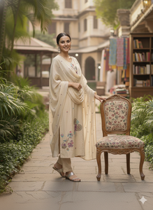 Ensemble décontracté pour femme en coton beige à séchage rapide, longueur cheville, style ethnique, broderie florale, style Inde Pakistan, coupe régulière, toutes tailles - Product Image 6