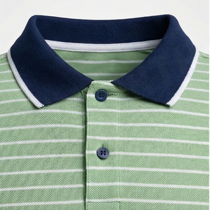Polo en tricot rayé pour homme, manches courtes, décontracté, vert avec col et poignets marine - Product Image 4