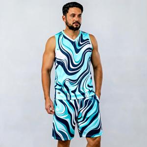 Ensemble débardeur et short pour homme, col en V, impression par sublimation, séchage rapide, polyester tricoté, tenue sportive d'été - Product Image 1