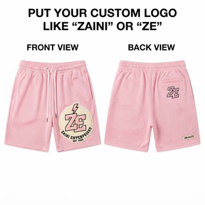 <b>Men</b> 100% Cotton Mesh <b>Shorts</b> Custom Logo Elastic Waistband Breathable Quick Dry Waterproof Mid Rise Pink <b>White</b> Trim Athletic - Product Image 1