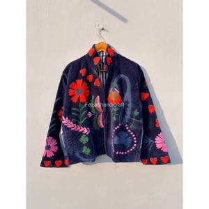 Chaqueta de Terciopelo Azul Marino con Bordado Uzbeko, Forro Interior de Algodón, Estilo Boho Chic, Chaqueta Corta de Invierno - Product Image 5