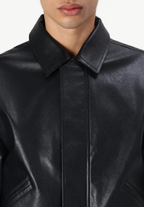 Chaqueta Bomber de Cuero Vacuno Negro para Hombre, Cuello Camisero, Cierre de Cremallera, Corte Regular, Estilo Casual para Otoño, Color Sólido - Product Image 5