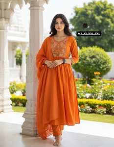 Women's Embroidered Work Cotton <b>Kurti</b> And Pant With Mul Mul Dupatta Set Ready To Wear - Product Image 1