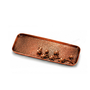 Gold Rectangular Serving <b>Tray</b> with Floral Design Polished Metal Finish Decorative for Residential Use - Product Image 2