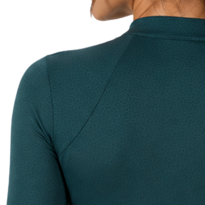 Camiseta de equitación de manga larga para mujer, color verde azulado oscuro, con cremallera de un cuarto, elástica, transpirable, ecológica y de secado rápido. - Product Image 4