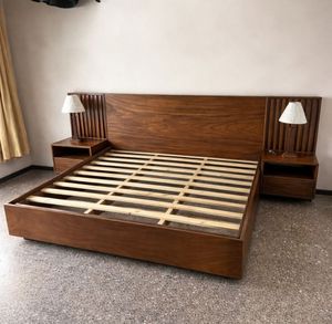 Modern Contemporary Solid Teak Wood King Platform <b>Bed</b> <b>Frame</b> Slatted Headboard Master Bedroom Furniture Set Integrated - Product Image 2