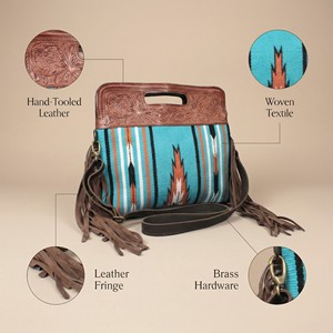 Sac bandoulière en cuir pour femme, style bohème western, sacoche turquoise à motifs aztèques, sac à franges vintage - Product Image 4