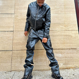 Men Black Leather Look Tracksuit Full Length Streetwear Set Zipper Fly Heavyweight Polyester Winter Outfit - Product Image 2