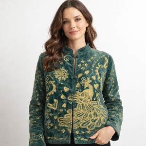Green Velvet Autumn Jacket Reversible Quilted Sheep Skin Leather Custom Logo Floral Boho Outerwear Full Sleeve O-Neck Collar - Product Image 1