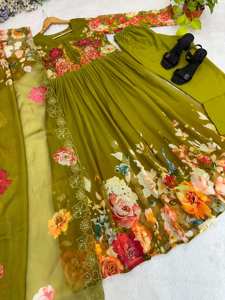 <b>women</b> floral georgette floor length gown with pant and digital printed taby silk dupatta <b>vintage</b> woven denim look ethnic <b>dress</b> - Product Image 6