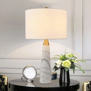 Lámpara de mesa de mármol gris de lujo con base arquitectónica cónica, elegante pantalla tipo tambor y iluminación ambiental sofisticada para dormitorio - Product Image 3