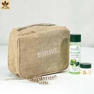 Pochette de maquillage en jute naturelle laminée, pochette de maquillage de voyage, 23x16x5 cm, logo personnalisé, vente en gros, OEM, marque privée, modèle BG-G121 - Product Image 1