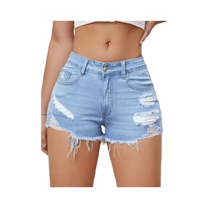 Short en jean déchiré taille mi-haute pour femme, style vintage, léger, respirant, avec ourlet effiloché, décontracté, été, fermeture boutonnée, en coton - Product Image 2