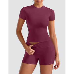 Conjunto Deportivo de 2 Piezas para Mujer, Color Ciruela, Top Corto de Manga Corta con Bolsillo, Pantalones Cortos de Cintura Alta, Tejido Sólido Transpirable, Primavera Verano - Product Image 5