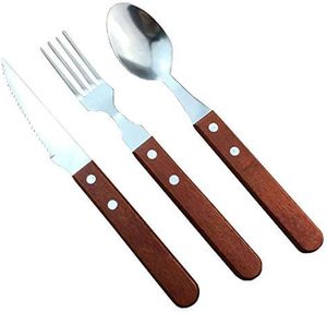 Ensemble de couverts multifonctionnels en acier inoxydable avec manche en bois pour la maison, la cuisine, le restaurant, l'hôtel et les repas en plein air - Product Image 1