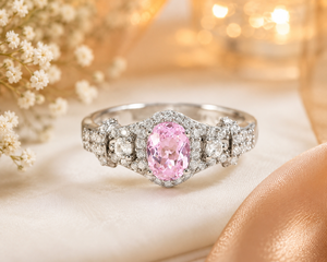 Anillo Ovalado Clásico de Lujo en Plata de Ley 925 con Baño de Rodio y Morganita Rosa, con Banda con Acentos de Circonita Cúbica, para Mujer, Ideal para Boda/Regalo - Product Image 3