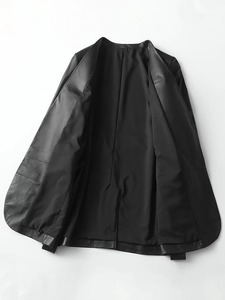 Black PU <b>Leather</b> V-Neck Bomber Jacket <b>Belt</b> Tie Waist Long Sleeve Lightweight Breathable Casual Regular Coat Autumn Wear - Product Image 2