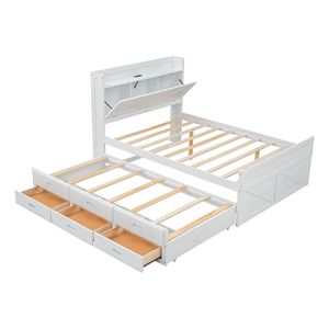 Letto matrimoniale in legno bianco con testiera contenitore e prese, letto estraibile singolo allungabile con tre cassetti contenitore - Product Image 5