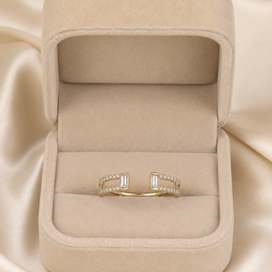 Bague en diamant de culture, bague ouverte en or 14 carats, diamant taille baguette, diamant pavé rond, bijoux de luxe, bague de mariage pour femme - Product Image 2